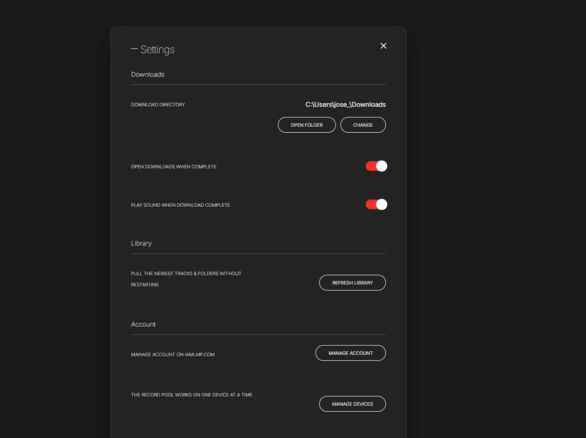The Record Pool Settings panel — Download directory with Open folder and Change buttons, open-on-complete and sound toggles, Refresh Library, Manage Account and Manage Devices