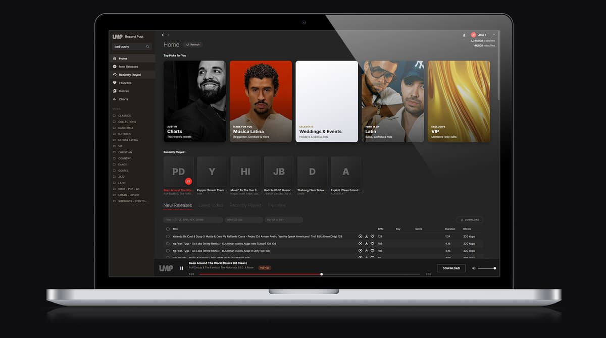 The LMP Record Pool 3.0 app running on a MacBook, showing the Home screen with Top Picks and New Releases