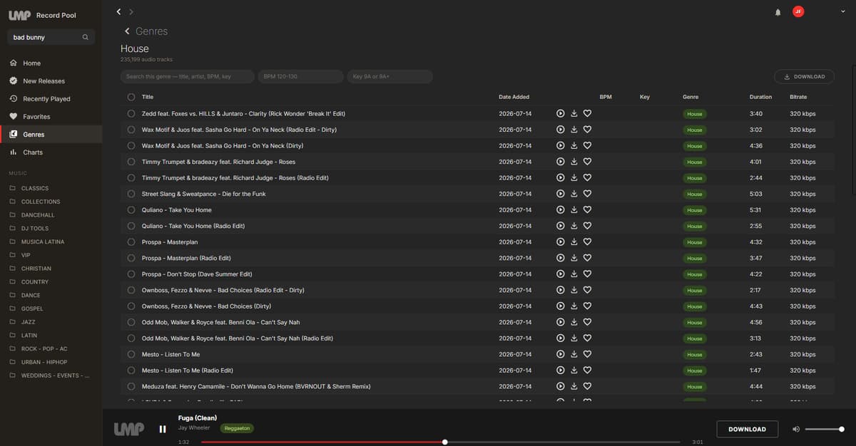 LMP Record Pool app — browsing the House genre crate with BPM and key filters