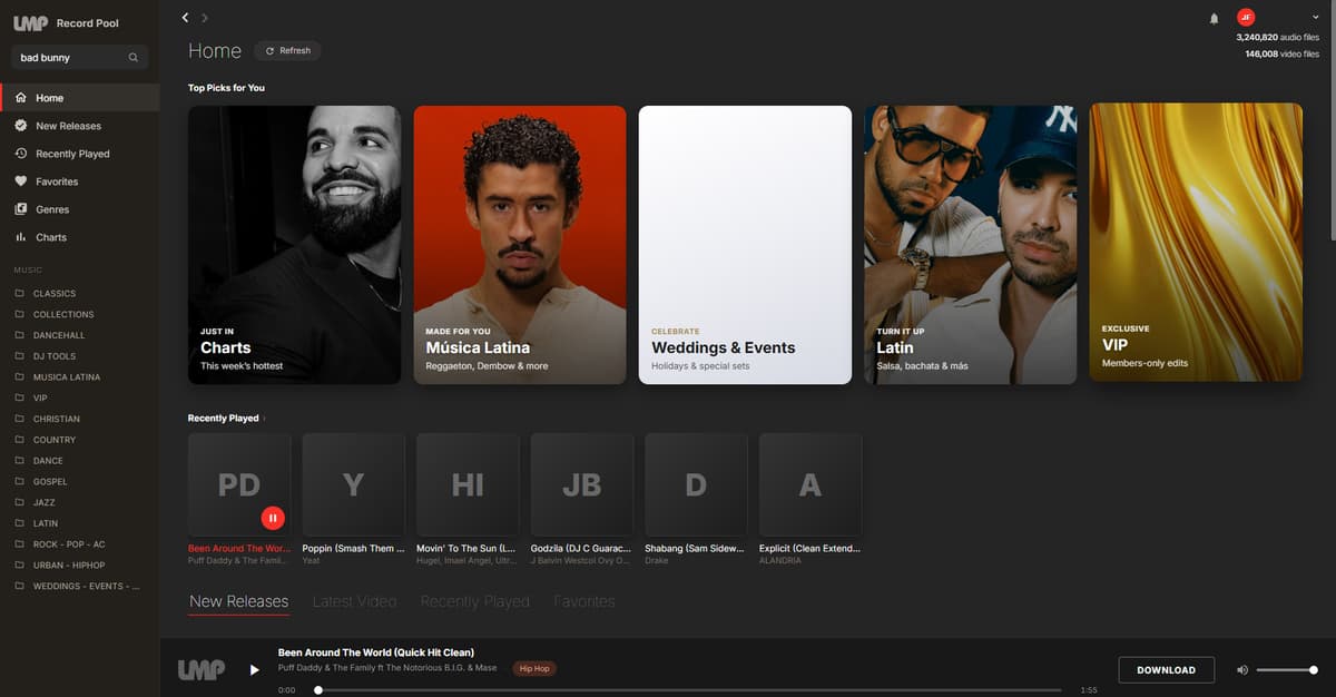 LMP Record Pool app — the Home screen with Top Picks for You, Recently Played and New Releases