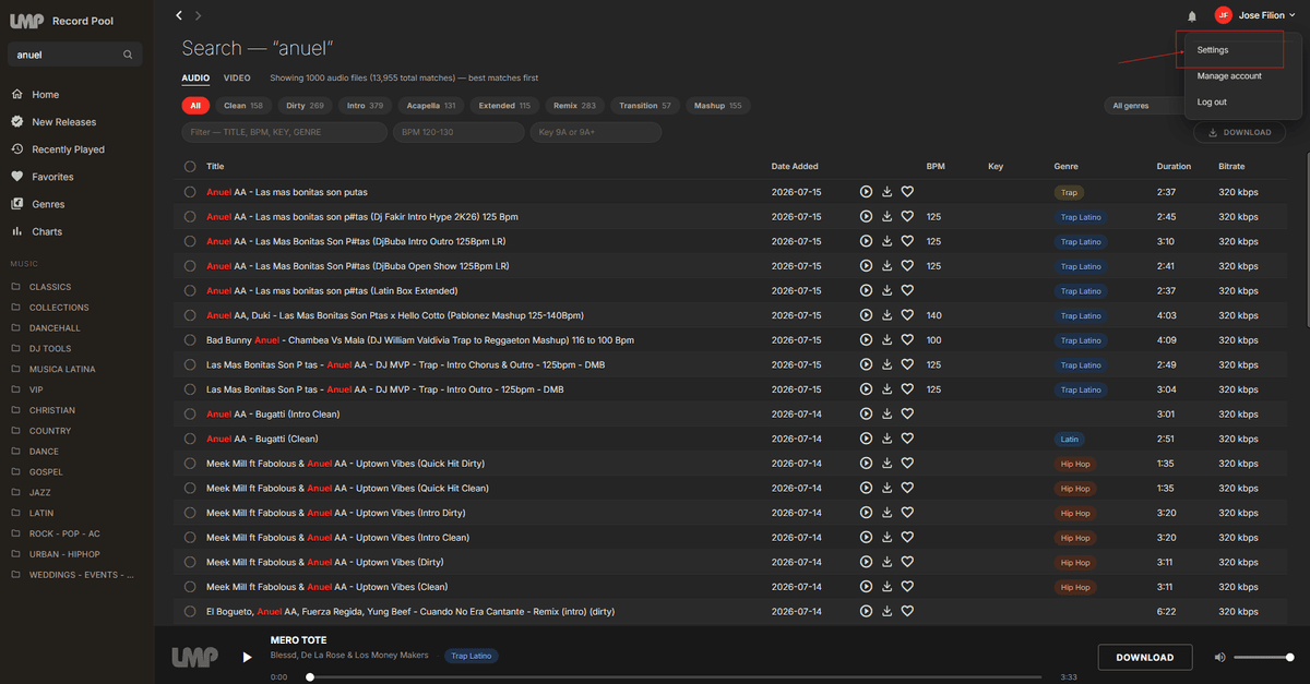 Opening Settings from the account menu in the top-right of the Record Pool app